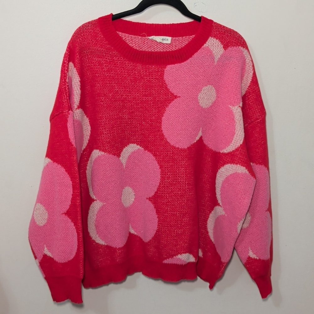 a.gain Oversized Floral Print Sweater Red + Pink Drop Shoulder Women's Size 2X